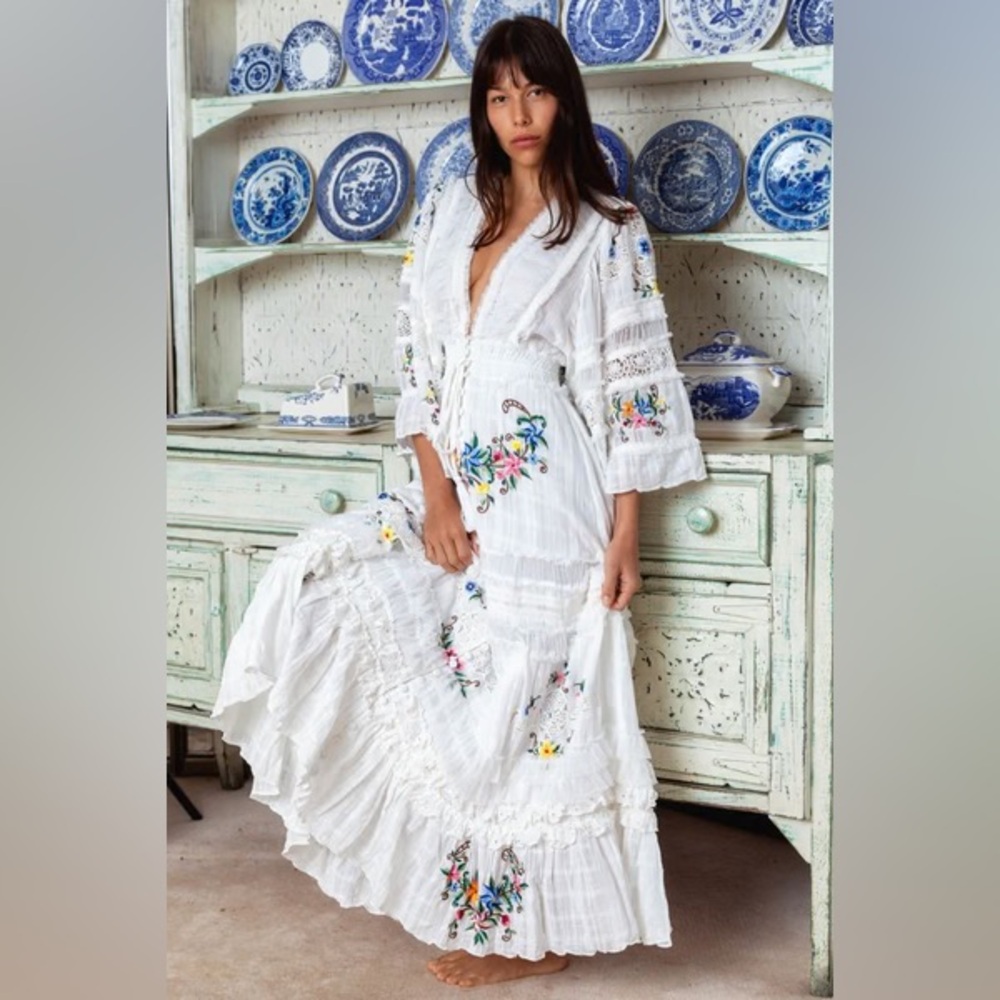 Fillyboo White Embroidered Boho Maxi Dress with Multicolor Floral Accents